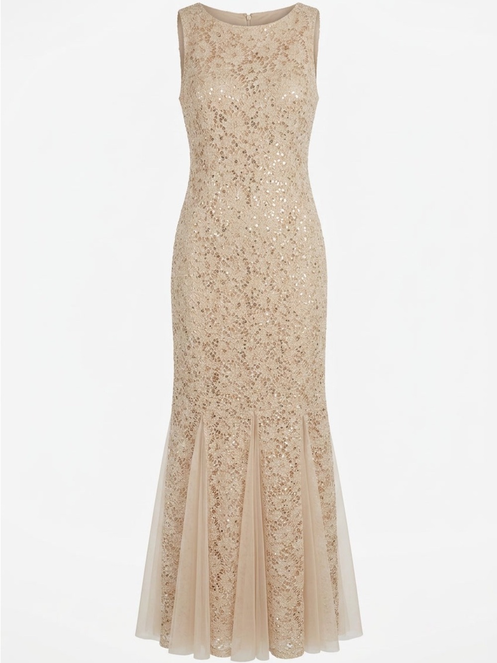 Sleeveless Sequin Lace Maxi Dress in Beige